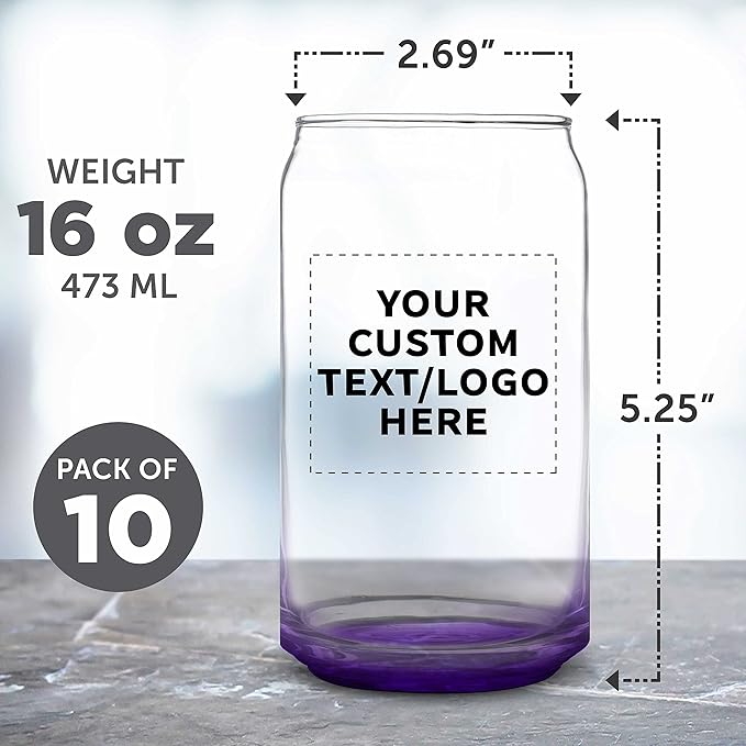 Custom Beer Can Glasses Set of 10, 16 oz. Pint Sized, Promotional Text, Logo, Soda Can Shape, Glassware, Purple