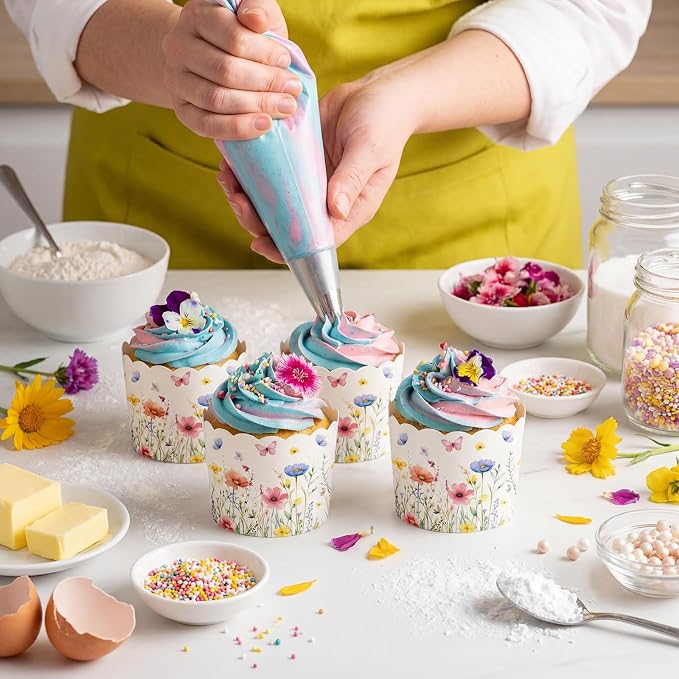 Qinyoung 150 Pcs Wildflower Cupcake Wrappers Liners Floral Paper Baking Cups Greaseproof Disposable Scalloped Flower Cupcake Muffin Cases for Spring Summer Wedding Baby Shower Birthday Tea Party Decor - Image 3