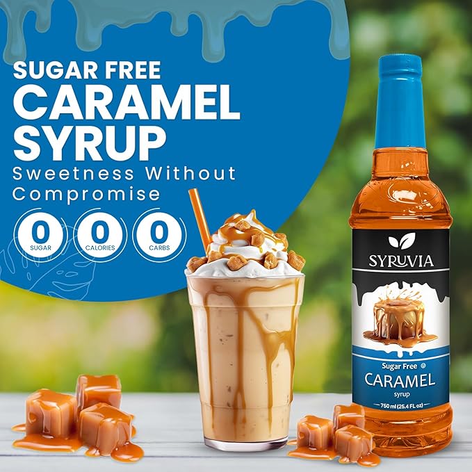 SYRUVIA Syruvia Sugar-Free Caramel Coffee Syrup – 25.4 fl oz - Syrup for Coffee, Lattes, Shakes, Smoothies, Desserts – 100% Vegan, Gluten Free, Kosher, No-Calorie Coffee Syrup, (Pack of 3)