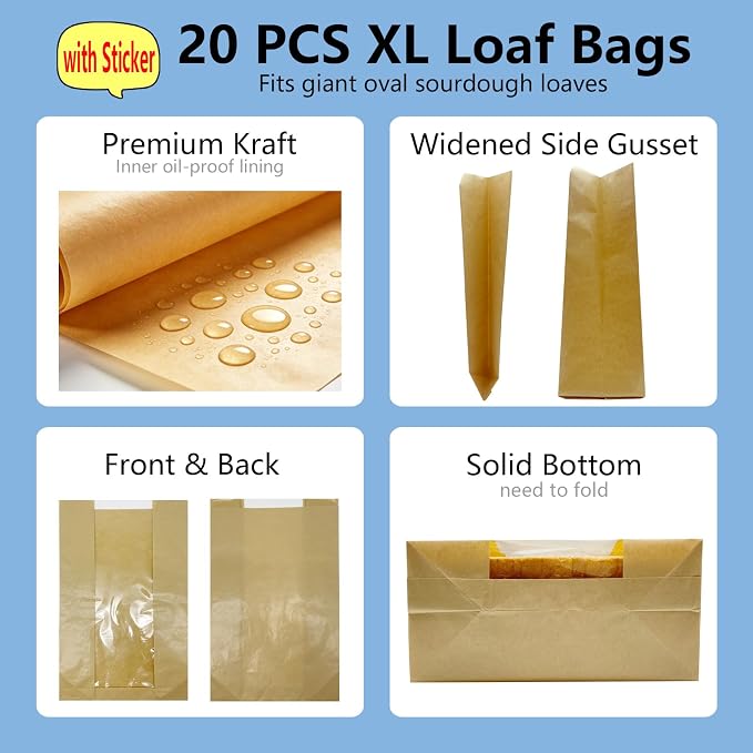 Extra Large Paper Bread Bags for Homemade Bread with Window & Sticker for XL Sourdough Breads, Round Loaf, Baked Goods, Oval Loaves, Brown Kraft - 20 Pcs 16x10x5 Inch - Image 8
