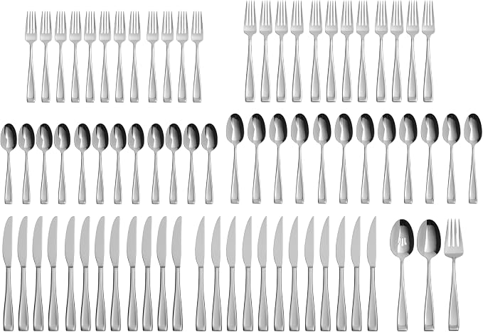 Oneida Moda 75-Piece 18/10 Silverware Set for 12, Flatware | silver, dishwasher safe | includes knives, forks, and spoons | heavy duty, cutlery set, utensil set, wedding silverware - Image 2