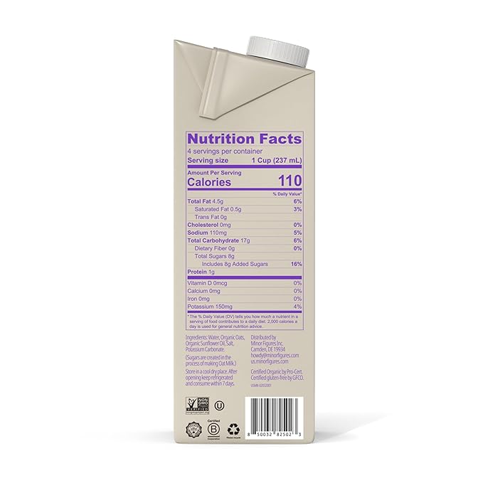 Minor Figures Organic Barista Oat Milk, Plant-Based, Gluten-Free, 32 fl oz, Shelf Stable, Non-GMO, Dairy-Free, No Sugar Added