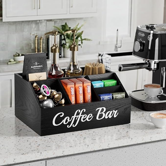 2 Pack Coffee Station Organizer for Countertop – Wooden Coffee Bar Organizer with Adjustable Dividers,Holds K Cup Pod & syrup bottles, for Kitchen, Office, or Bar and Tea Station, Black - Image 4