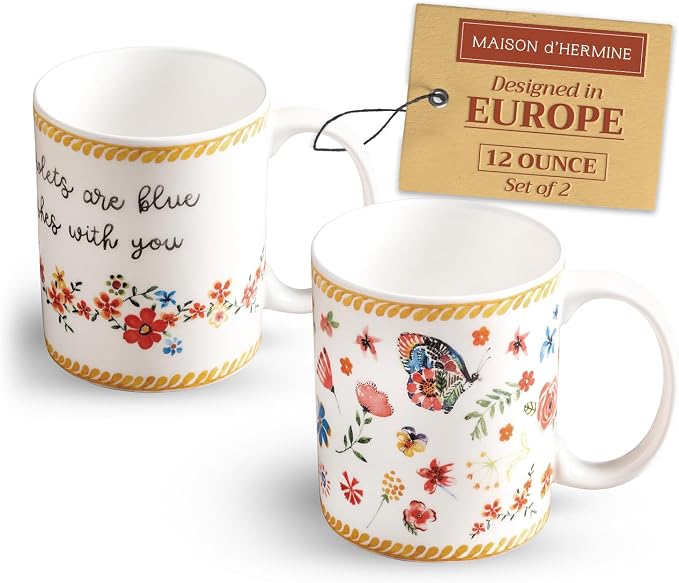 Maison d' Hermine Coffee Mug with Handles Tea Cups (12 Ounce, Pack of 2) | Fine Bone China Coffee Mugs for Hot Beverages Cappuccino Latte Home Restaurant Hotel Spring Summer -Happy Florals - Sweety by MaisondHermine