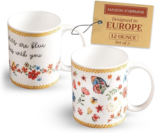 Maison d' Hermine Coffee Mug with Handles Tea Cups (12 Ounce, Pack of 2) | Fine Bone China Coffee Mugs for Hot Beverages Cappuccino Latte Home Restaurant Hotel Spring Summer -Happy Florals - Sweety by MaisondHermine