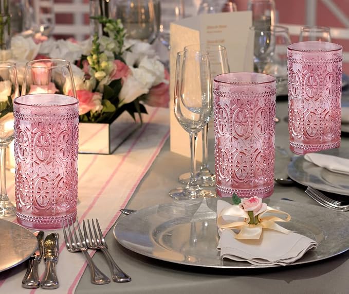 Darlion Vintage Glassware, Pink Glasses Drinking, 12oz Highball Glasses | Lead-Free Glass, Food Grade Glass, Durable&Sturdy, Vintage Decoration - Image 9