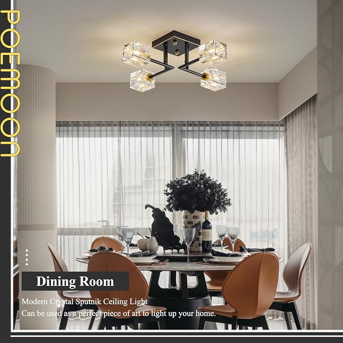 Black Gold Sputnik Chandeliers Industrial 18" Crystal Semi Flush Mount Ceiling Light Fixture 4-Light Modern Chandelier for Hallway Entryway Kitchen Bedroom Dining Room - Image 7