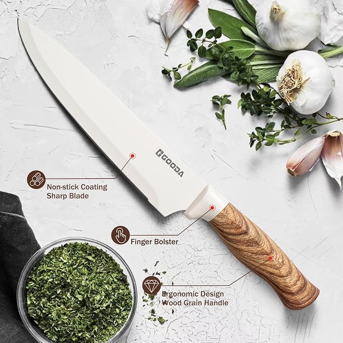 Knife Set,GOODA 9 Piece Kitchen Knife Set with Block and Sharpener, Anti-Rust Stainless Steel Cooking Knives Set for Kitchen, Chef Knife Block Set - Image 3