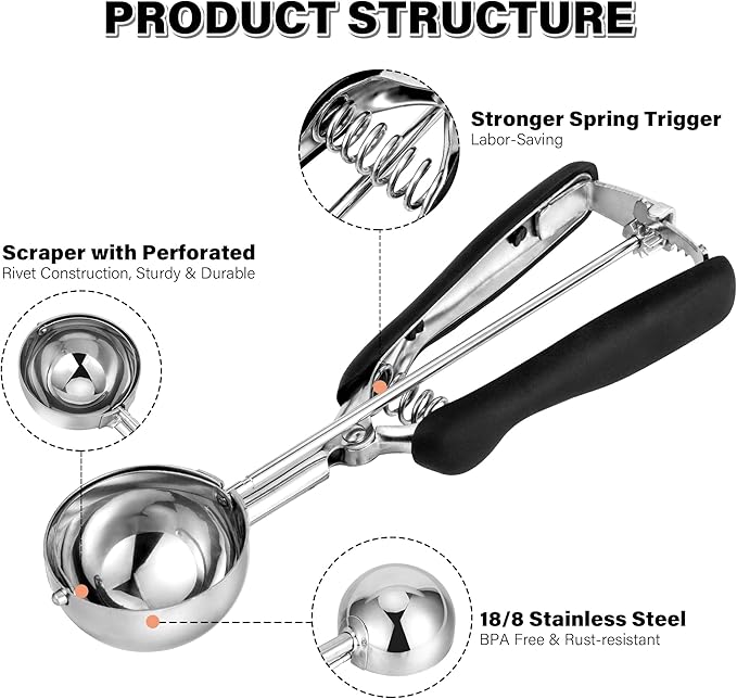 Cookie Scoop 3 Tbsp, TJ POP Professional Stainless Steel Ice Cream Scoop 50 mm, Good Soft Grips, Quick Trigger Release, 45 ml