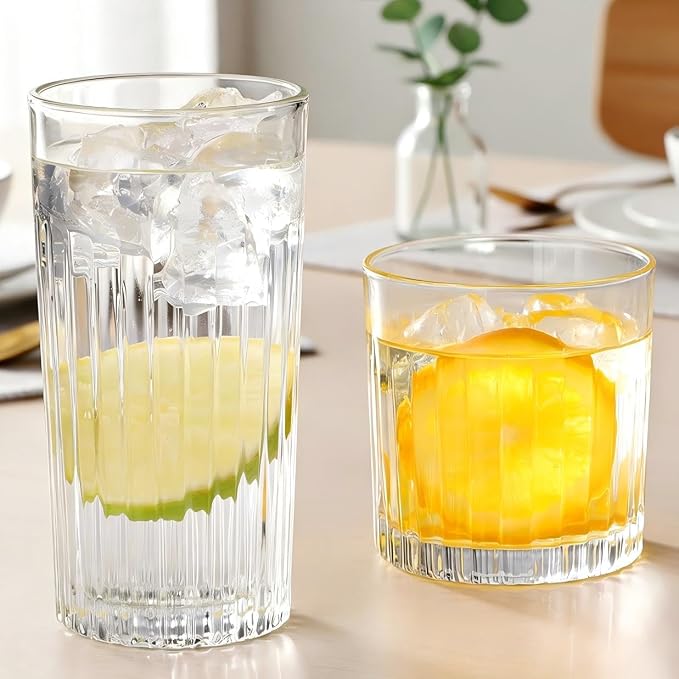 Laerjin Drinking Glasses Set of 8, 12 oz Highball Glasses & 10 oz Cocktail Glasses Set, Ribbed Glass Cups,Thick Glass Cups, Kitchen Water Glasses Cup, Bar Tumbler Glassware for Beer, Whiskey(Clear) - Image 5
