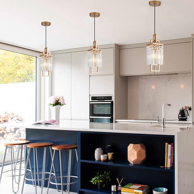 Modern Gold Pendant Light Fixtures for Kitchen Island and Dining Room, Industrial Small Hanging Crystal Chandelier Light Fixture for Bedroom Entryway Living Room Foyer Hallway 1-Pack - Image 6