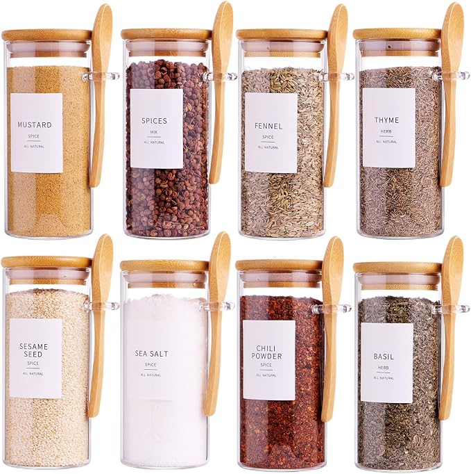 8 Pcs Glass Containers with Bamboo Lids and Spoons - 10 oz Sugar Container with 148 Kitchen Pantry Spice Jar Labels Preprinted - Glass Spice Jars with Wooden Lids Hold Coffee, Tea, Candy, Herbs by HHMJSM