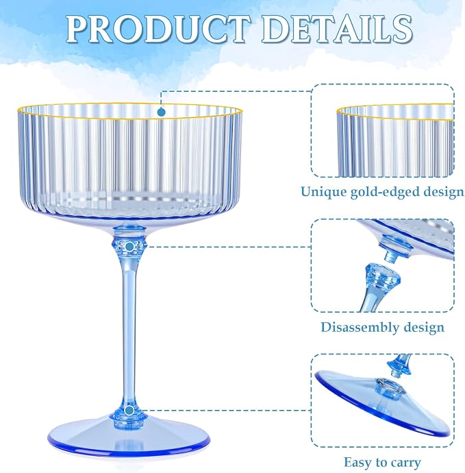 24 PCS Plastic Champagne Coupe Cup Ocean Blue Ribbed Coupe Glasses 10oz Detachable Gold Rim Espresso Martini Glass Vintage Margarita Glassware Cocktail Glass Set for Baby Shower Hanukkah - Image 6