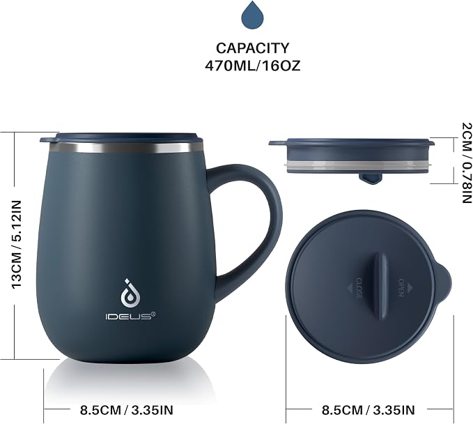 Ideus 16 oz Insulated Coffee Mug with Handle and Lid, Double Wall Stainless Steel Vacuum Thermal Coffee Mug, Travel Coffee Cup Thermal Cup for Home and Office, Navy Blue 2.0 - Image 5
