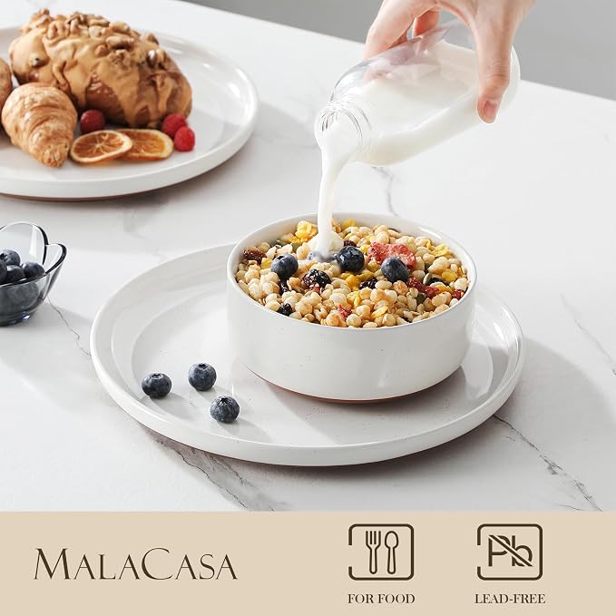MALACASA Plates and Bowls Sets, 24 Pieces Modern Ceramic Dinnerware Set for 8 Kitchen Stoneware Dishes Dishware Set Microwave and Dishwasher Safe, White, Series TARA - Image 3
