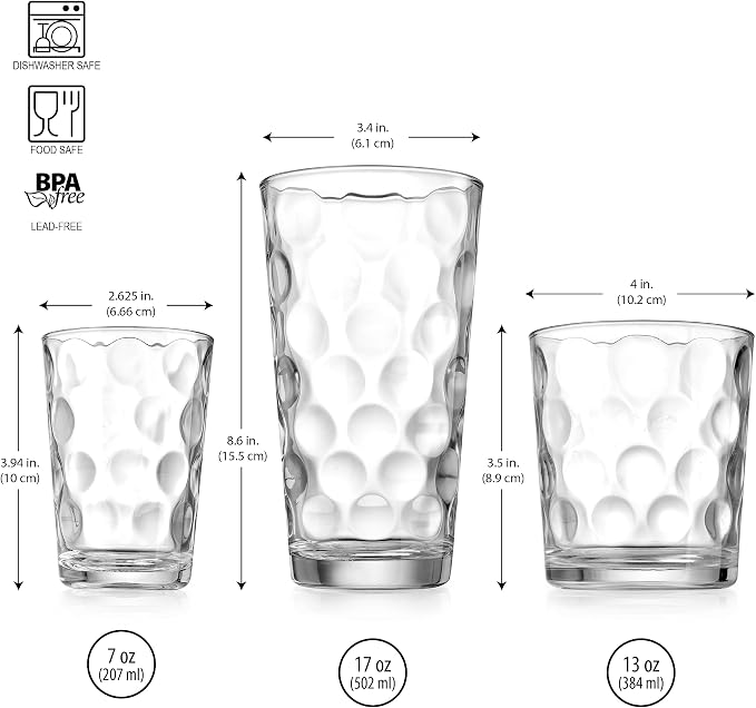 Home Essentials & Beyond Glassware Set 18 Piece Mixed Drinkware Set. 6 Highball Tumblers-17 oz., 6 Rock Whiskey-13 oz., and 6 Juice-7 oz. All Size Glass Cups Drinking Glasses. (Design on Inner Glass) - Image 3