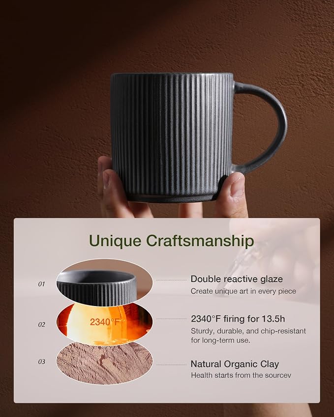 famiware Coffee Mug Set for 8, Star 12 oz Catering Mugs Cup Set with Handle for Coffee, Tea, Cocoa, Milk - Ceramic Stoneware Drinkware Set, Matte Dark Charcoal - Image 6