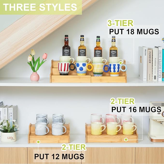 Hongtamoya 2-Tier Expandable Bamboo Mug Holder Coffee Mug Rack Organizer for Countertop, Multi-Functional Mug Display Shelf for Coffee Bar, Kitchen, and Home (15.35"~29.92") - Image 7