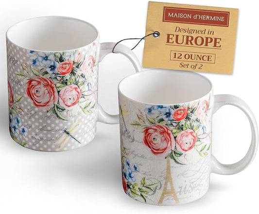 Maison d' Hermine Coffee Mug with Handles Tea Cups (12 Ounce, Pack of 2) | Fine Bone China Coffee Mugs for Hot Beverages Cappuccino Latte Home Restaurant Hotel Spring Summer -Champ De Mars by MaisondHermine