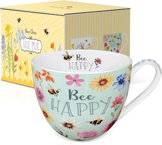 20 oz Bees & Flowers Coffee Hug Mug,“Be Happy” Designed to Spread Joy, Premium Bone China, Best Gifts for Mom Women Mothers Day, Designed in England by Harvest Green Studio - Image 2