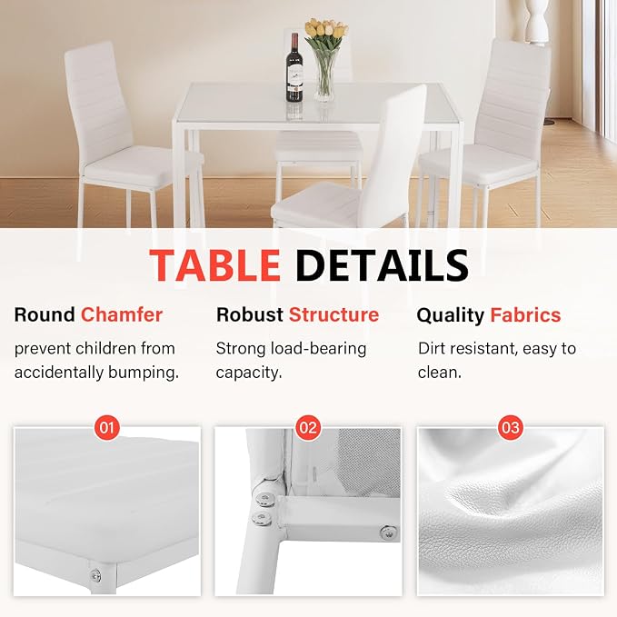 FDW | 5-Piece Dining Table Set | White | Glass Kitchen Table with 4 Upholstered Chairs and Faux Leather Cushions | Space-Saving and Modern Design | for Dining Room, Easy to Assemble - Image 6