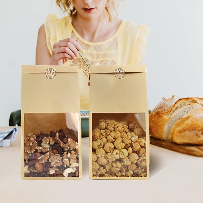 50pcs Bakery Bags with Window, 5.1x4.3x11 Inches Cookie Bags for Packaging, Brown Kraft Paper Tin Tie Tab Lock Bag for Bun, Candy, Nuts, Coffee Bean, Cookie for Gift Giving - Image 7