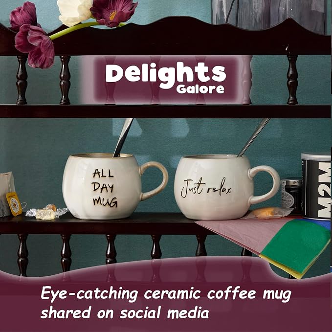Ceramic Coffee Mugs Set, Just Relax and All Day Design, large capacity heat-resistant handle, Great for Tea Hot Chocolate, Microwave Safe, Modern, Unique Style for Any Kitchen-4pack - Image 2