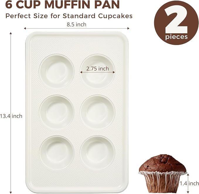 2 Pack Nonstick Ceramic Muffin Pan, 6 Cup Muffin tin for Baking, Non-toxic Cupcake Pan, Heavy-duty Aluminized Steel Cupcake Tray with Diamond Texture, Easy To Clean (Cream, 2PCS) - Image 7
