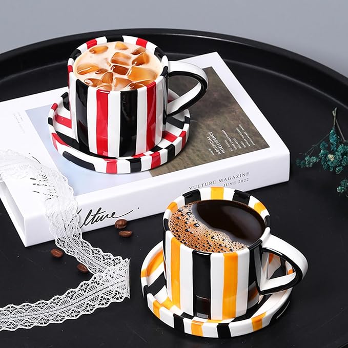Espresso Cups Ceramic Coffee Mug Series European Striped Dot Coffee Cup And Saucer Mug Cake Plate Afternoon Tea Set Tea Cup And Saucer,Yellowblack - Image 3