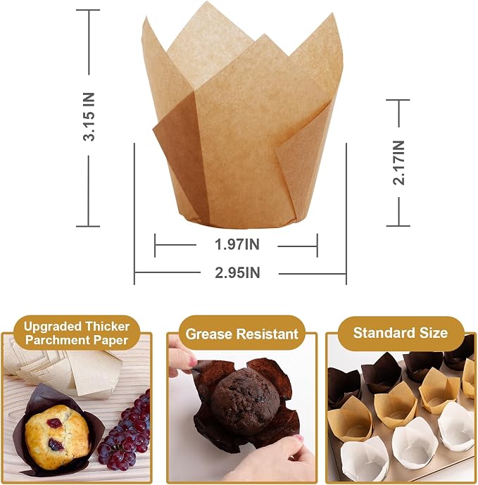 200pcs Tulip Cupcake Liners, Premium Muffin Liners Holders for Baking Cups, Greaseproof Cupcake Wrappers in Standard Size, Classic Parchment Paper Cupcakes Liner for Party, Christmas by JIRNGLA - Image 2