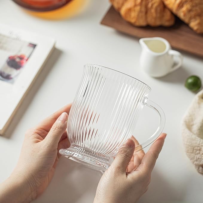 Ribbed Clear Glass Coffee Mugs Set of 4 with Spoon,16 Oz Large Glass Tea Cups with Handle Diner Latte Cups with Footed Base for Hot Beverages,Cappuccino & Espresso Cups, Stylish Drinkware