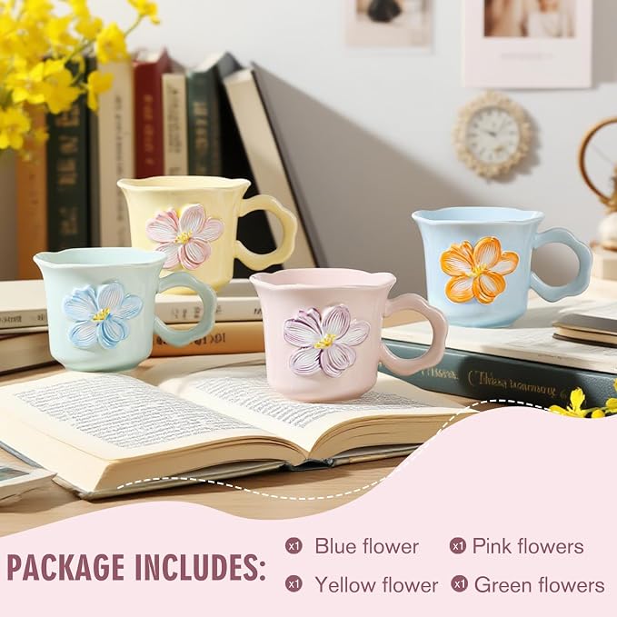 Cute Floral Coffee Mug Set of 4-12oz Ceramic Flower Embossed Cups with Petal Handles, Dishwasher and Microwave Safe - Image 3