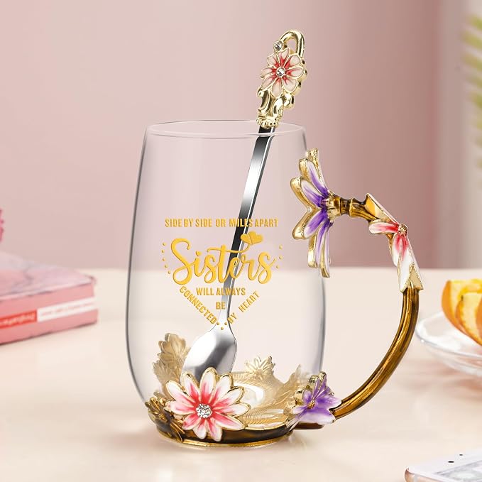 OEAGO Tea Cup Glass Coffee Enamels Mug Sisters Gifts from Sister for Women | Gifts for Sister,Little,Big,in Law,Heat & Cold Resistant,Shatterproof,Christmas Birthday - Image 7