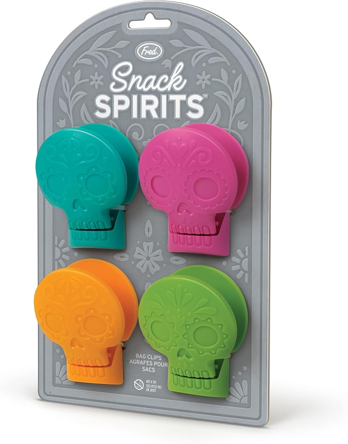 Genuine Fred SNACK SPIRITS Bag Clips, Set of 4, Molded Day of the Dead skull design, Dio de los Muertos, Colorful Calaveras, Bag Clips for food storage - Image 5