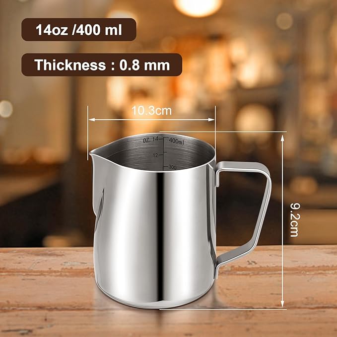 Milk Frothing Pitcher,Milk Steaming Frother Cup,Barista Cappuccino Latte Art Milk Jug with Decorating Pen,Stainless Steel Espresso Coffee Bar Accessories Tools (Silver, 14oz)