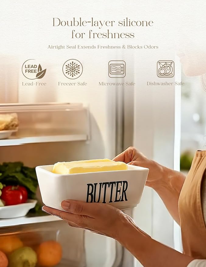 Ceramic Butter Dish with Lid and Knife & Silicone Seal for Countertop White | Suitable Capacity, Great Sealing, Home Decor Kitchen Gift Housewarming Gift - Image 3