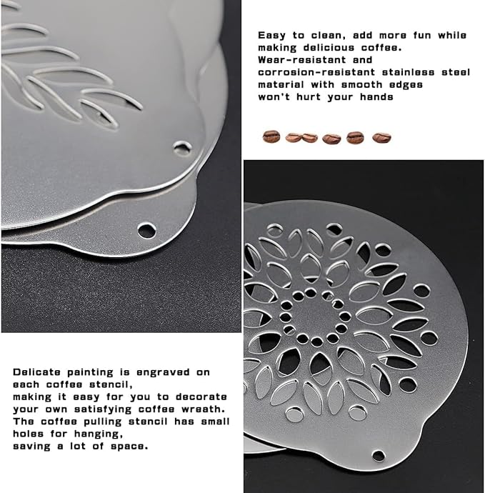 Stainless Steel Coffee Stencil Set, 5 Pieces, Latte Art Templates for Cappuccino, Cake and Cupcake Decorating