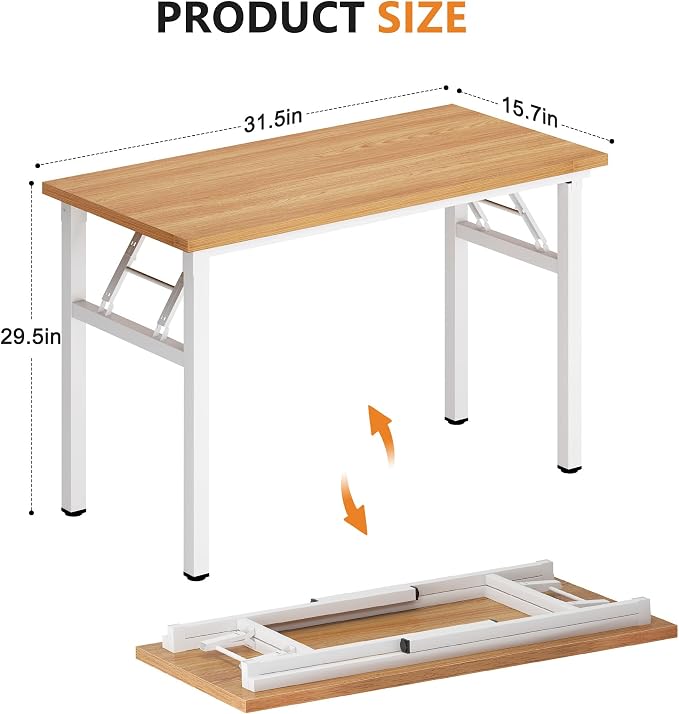 DlandHome 31.5 Inch Small Folding Computer Desk for Home Office, Teak White | Foldable Writing Table for Small Spaces Bedroom, No Assembly Required, Wood Top Metal Frame, Collapsible Compact Easy Storage - Image 3
