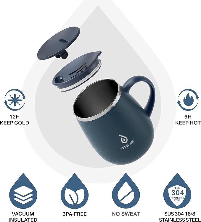 Ideus 16 oz Insulated Coffee Mug with Handle and Lid, Double Wall Stainless Steel Vacuum Thermal Coffee Mug, Travel Coffee Cup Thermal Cup for Home and Office, Navy Blue 2.0 - Image 2
