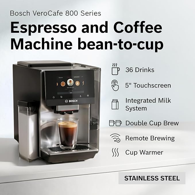 Bosch 800 Series Fully Automatic Coffee, Espresso Machine- Stainless Steel | Double Cup, Touchscreen, Large Bean Capacity, 36 Drinks, Cold Brew, Save up to 30 Profiles - Integrated Milk Container - Image 2