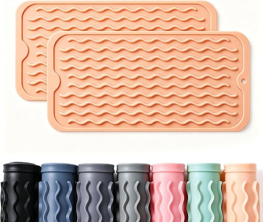 2 Pack Caketime Silicone Dish Drying Mat for Kitchen Counter Faucet Protector Under Sink Stone Rack Bath Mats for Bathroom Kitchen Decor Usage Absorbent Organizer Drain Tray 12inchx6inch Beige by CAKETIME
