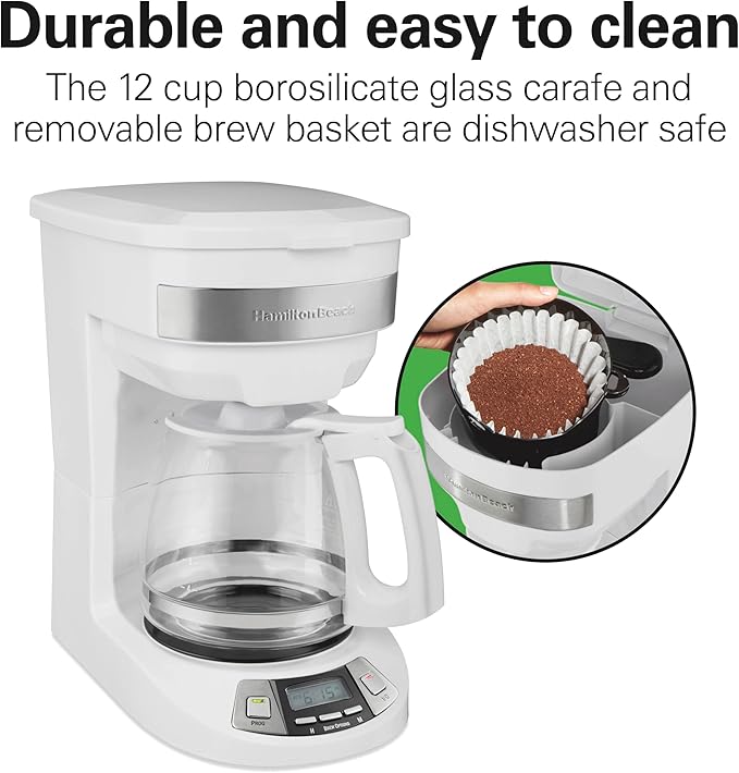 Hamilton Beach 12 Cup Programmable Drip Coffee Maker | Regular & Bold Brew Options | Auto Pause and Pour | Glass Carafe | White | 46294J - Image 7