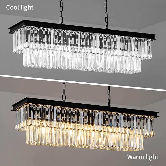 Black Crystal Chandelier for Dining Room Light Fixture Rectangle Modern Farmhouse Chandelier Contemporary Pendant for Kitchen Island Living Room Long Chandelier Rectangular Lighting - Image 7