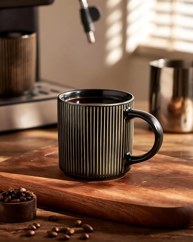 famiware Coffee Mug Set for 4, Star 12 oz Catering Mugs Cup Set with Handle for Coffee, Tea, Cocoa, Milk - Ceramic Stoneware Drinkware Set, Black - Image 4