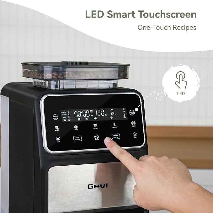 Gevi 10-Cup Grind & Brew Drip Coffee Maker with Built-In Burr Grinder | 24-Hour Programmable Timer, Touch Screen Control, 4-Hour Warm Plate, Permanent Filter with Original Glass Coffee Carafe - Image 3