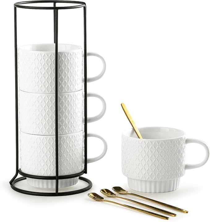 Gomakren Stackable 13oz Coffee Mugs Set of 4 with Stand & Spoons, White | Large Capacity for Cappuccino Coffee Milk Tea Drinks | Embossed Stoneware Mugs, Black Metal Rack, Microwave/Dishwasher Safe by Gomakren