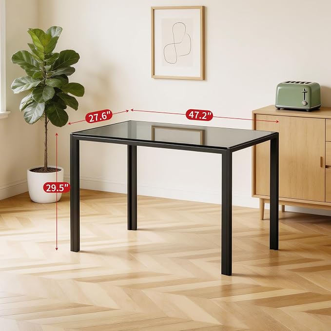 FDW | Dining Table for 4-6 People | Black | 47 Inch Rectangular Glass Kitchen Table | Space-Saving and Modern Design | for Dining Room, Easy to Assemble - Image 3