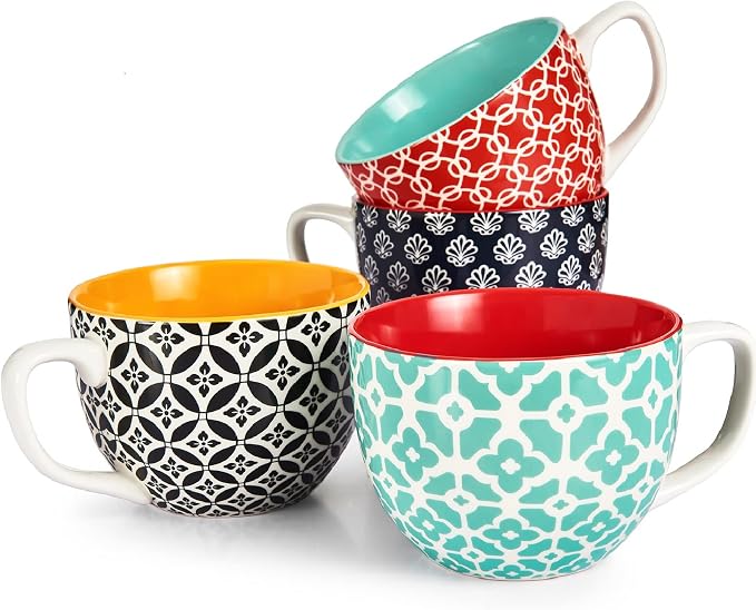 DOWAN 24 OZ Boho Mosaic Soup Mugs with Handle, Large Coffee Mugs Set of 4 | Six Design! Large Ceramic Mugs for Soup/Coffee/Cereal/Latte, Thanksgiving and Housewarming Gifts for Family and Friends by DOWAN