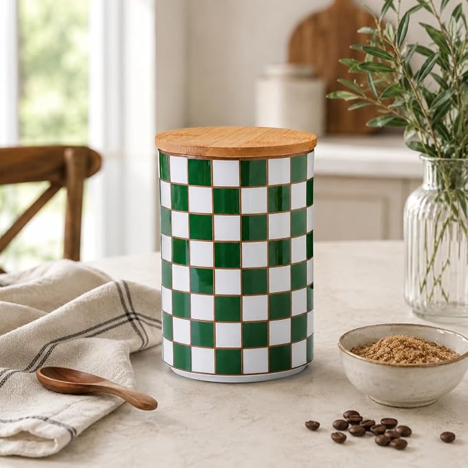 Kitchen Countertop Ceramic Checkered Canisters,Black And White Food Storage Containers With Lid,Airtight Kitchen Canisters for Flour, Sugar, Coffee, Tea, and Dry Goods (Green, XL) - Image 7
