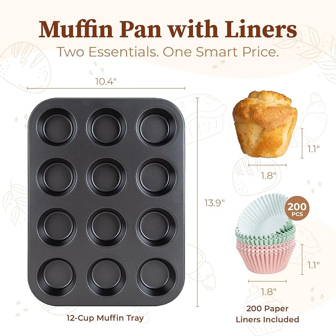 CARTMAN 12-Cup Muffin Pan & 200 Liners, Nonstick Carbon Steel Cupcake Tin | Includes 200 liners, durable carbon steel, nonstick release, for cupcakes, muffins, egg bites, brownies, oven safe 450°F - Image 4